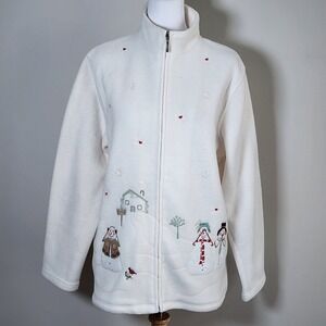 Northern Reflections Snowman Fleece Jacket Womens Large White Embroidered Winter